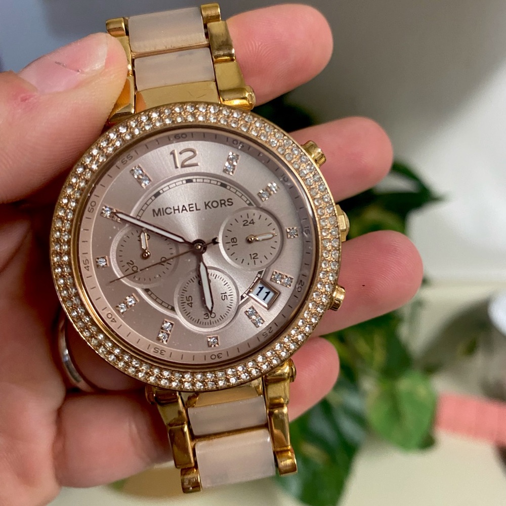 Michael Kors Ritz Chronograph rose gold and baby pink rhinestone watch